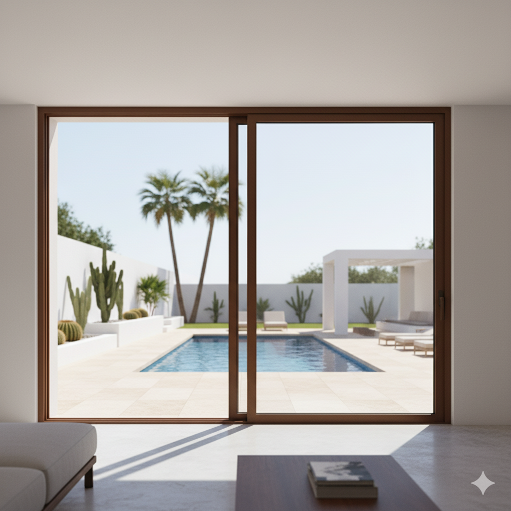 Ventana corredera con vistas a piscina